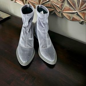 Kat Maconie gray velvet sock chunky heel ankle boots.